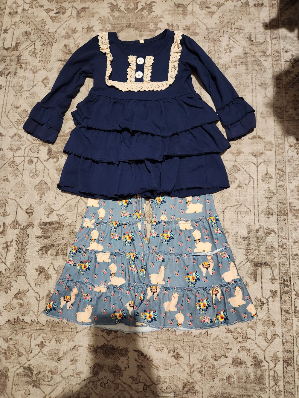 Navy Ruffle Top and Light Blue Llama Tiered Skirt Kids Matching Set